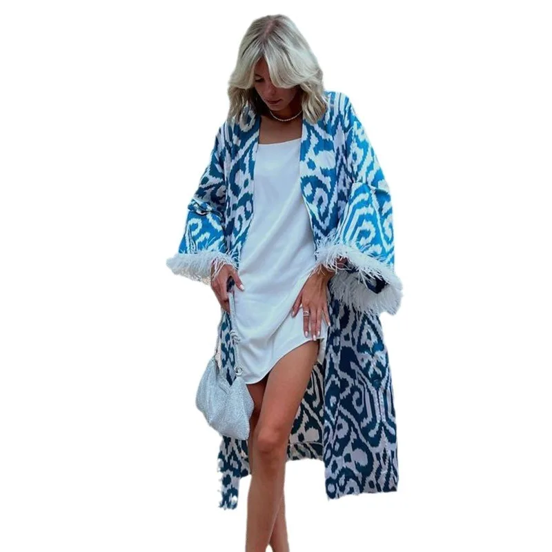 2024 여름 뉴 비치 스커트 여성 레저 휴가 프린트 풀오버 비키니 수영복 커버 태양 보호 의류