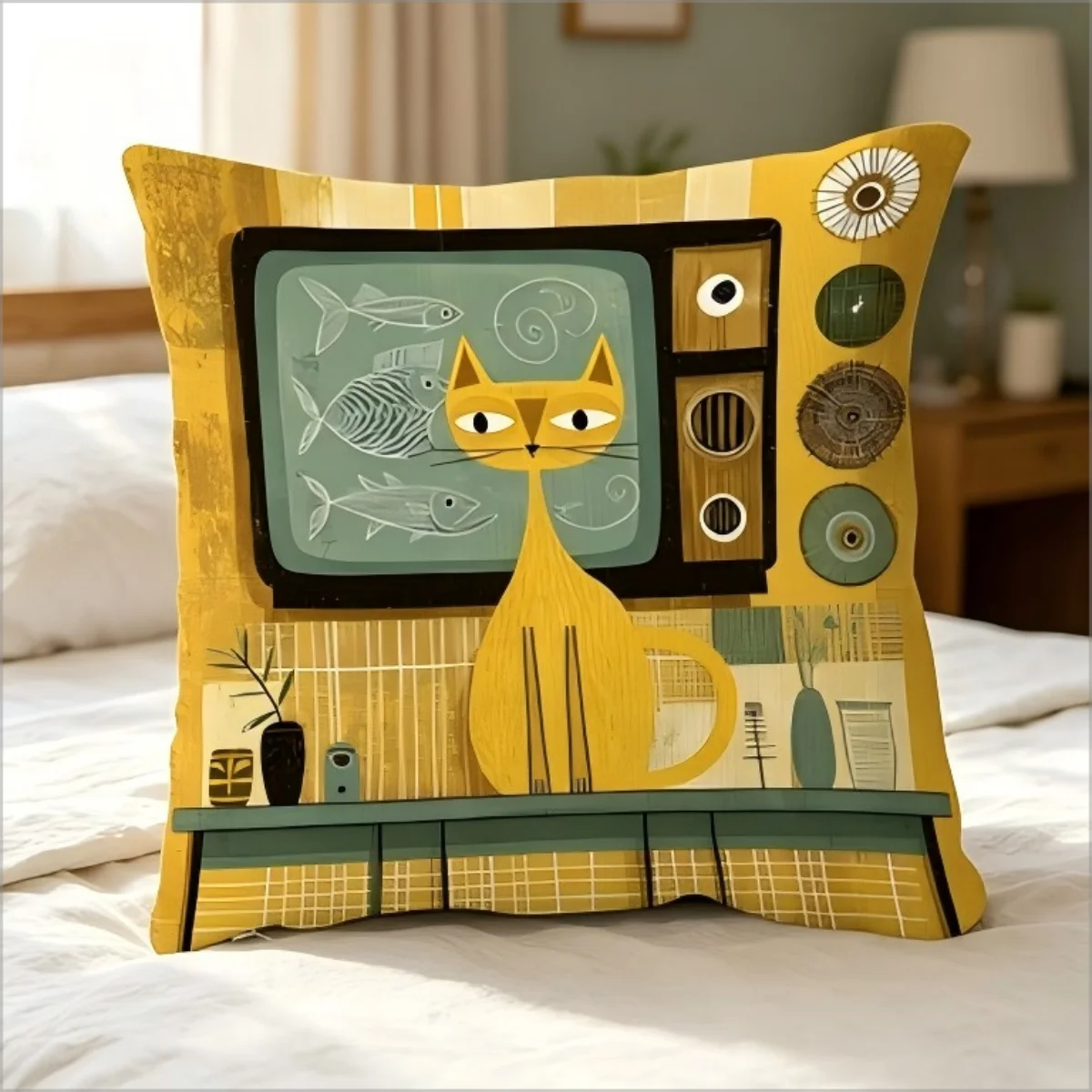 Funda de cojín Retro Atomic Cat, estilo moderno de mediados de siglo, estampado de doble cara, funda de cojín con diseño de gatito, decoración del hogar
