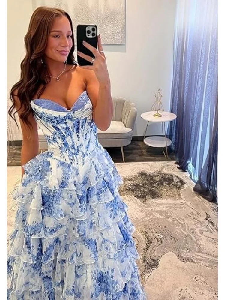 Vestidos de baile em camadas com estampa floral, vestido de baile longo, sem alças, renda de tule, vestidos de noite formais com fenda