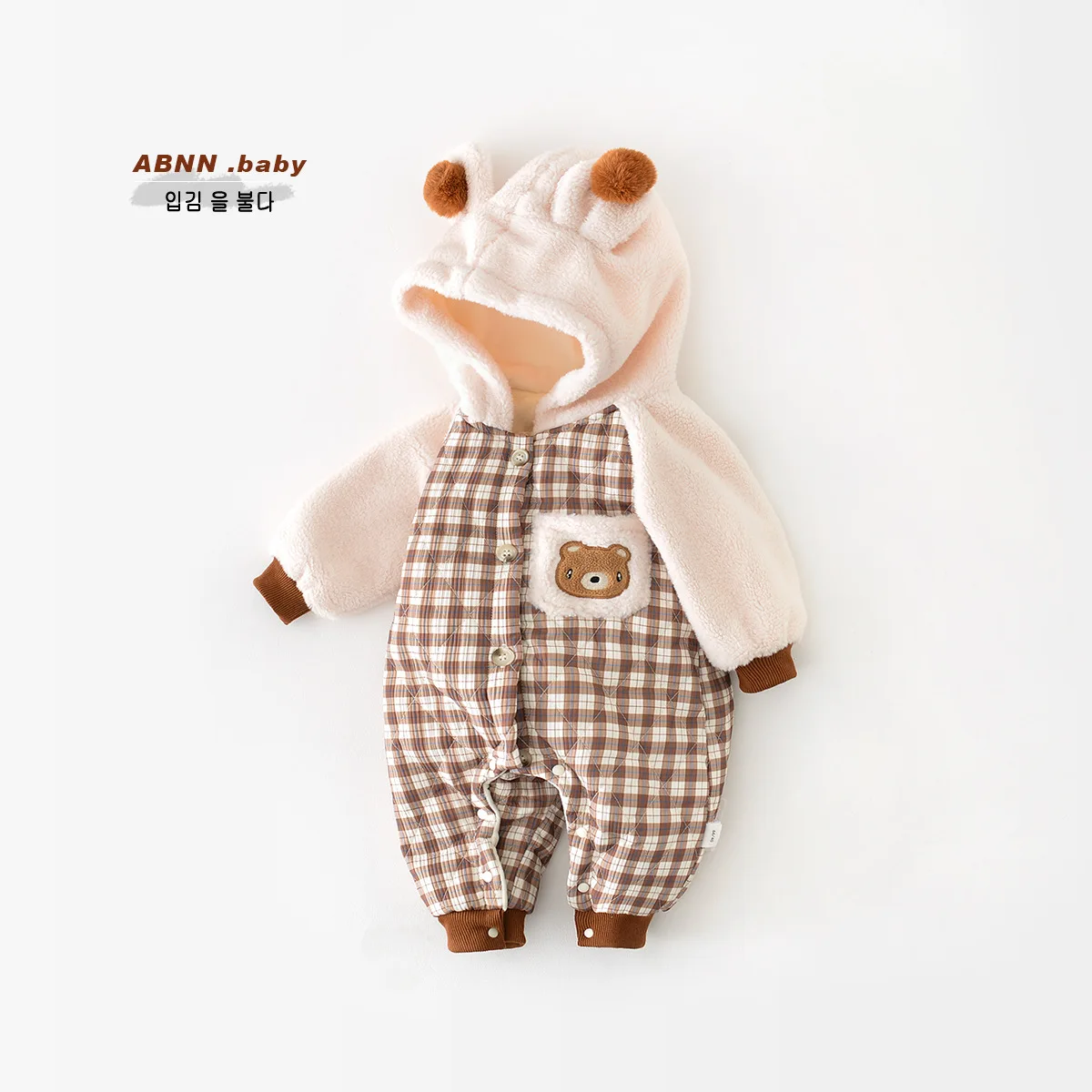 

2023 Winter Toddler Plaid Long Sleeve Warm Plush Romper Cute Bear Ear Newborn Plus Velvet Thick Jumpsuit Infant Baby Clothes