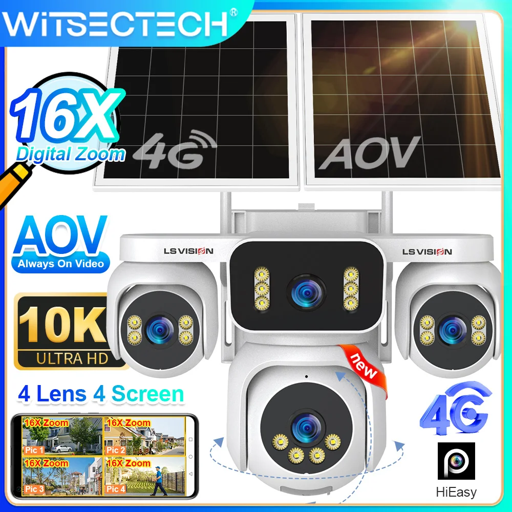 

20MP AOV 4G LTE Solar Camera 24/7 AOV Recording 16X Zoom Four Screens Outdoor Security Camera Auto Tracking Human Motion HiEasy