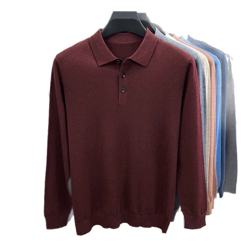 Men's Monochrome Polo Shirt, Young Long-Sleeved  Shirt, Sweat-Absorbent, Breathable, Quick-Drying, Slim Fit, Cotton Wool