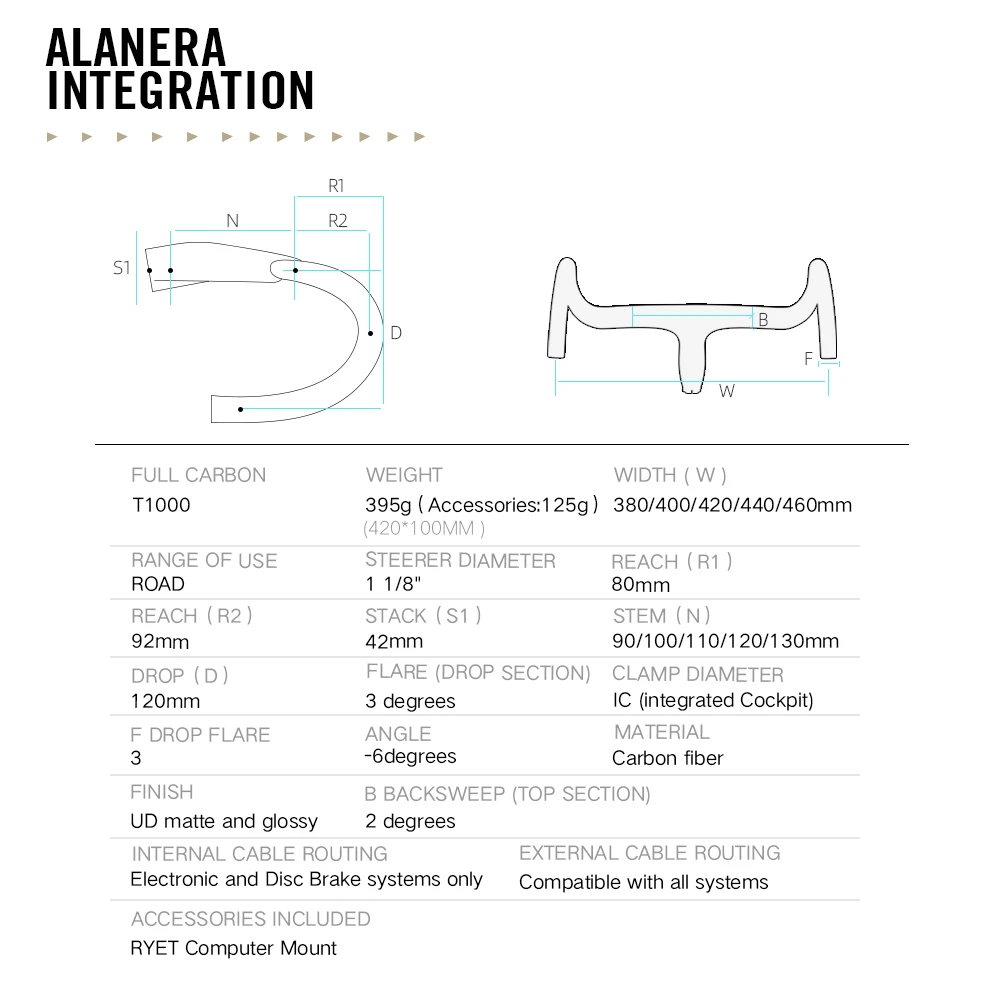 RYET Carbon Road Bike Integrated Handlebar Inner Cable Routine Handlebar For D-Shaped Fork With Computer Mount and Aero Spacer