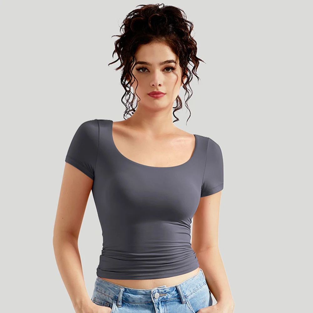 Damenkleidung Kurzarm T-Shirt Slim Fit Oberteile Weibliches O-Ausschnitt Hochelastisches T-Shirt Streetwear 2026 Einfarbige Y2K Tees Damen – Detail 11
