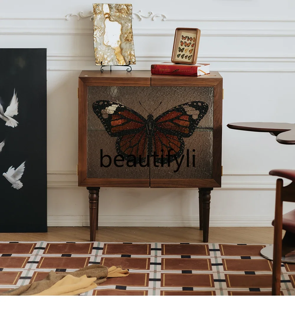 

qqzBlack Walnut Solid Wood Vintage Glass Chest of Drawers Living Room Cabinet Entrance Cabinet