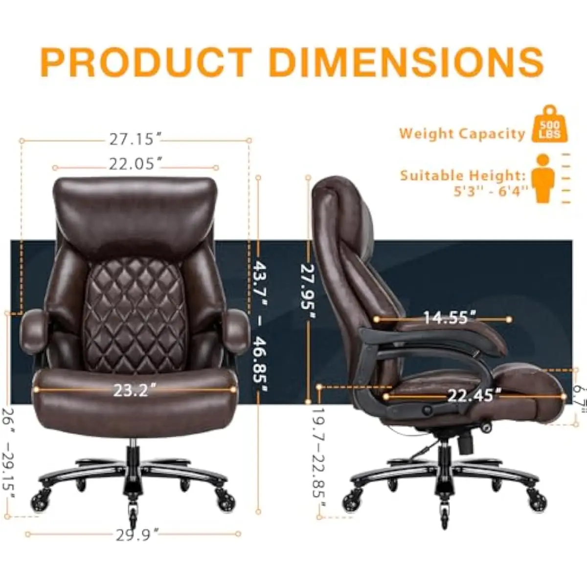 Extra-wide executive desk chair for big and tall users • 500 lb capacity • high-back ergonomic design • breathable leather uphol