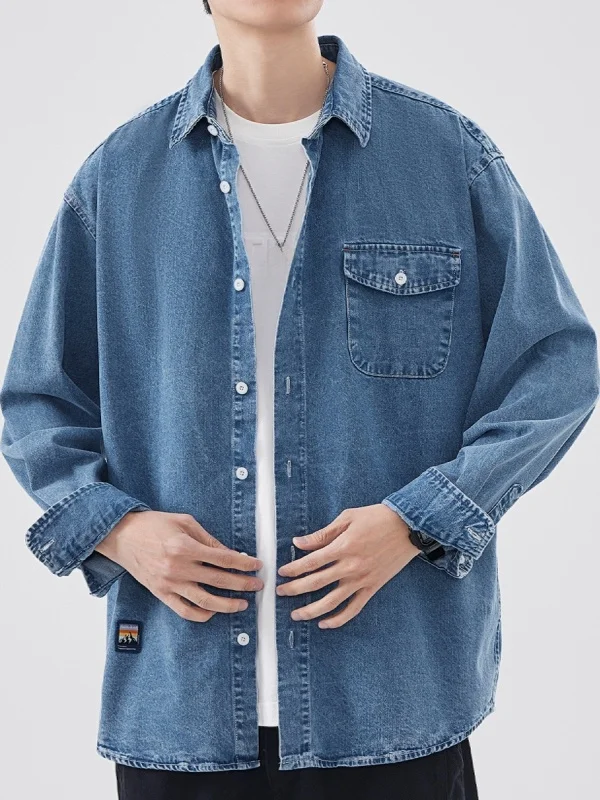 

Мужская джинсовая рубашка с длинным рукавом, синяя, повседневная, весна-осень, новый уличный стиль, свободный крой, с карманом, для мальчиков