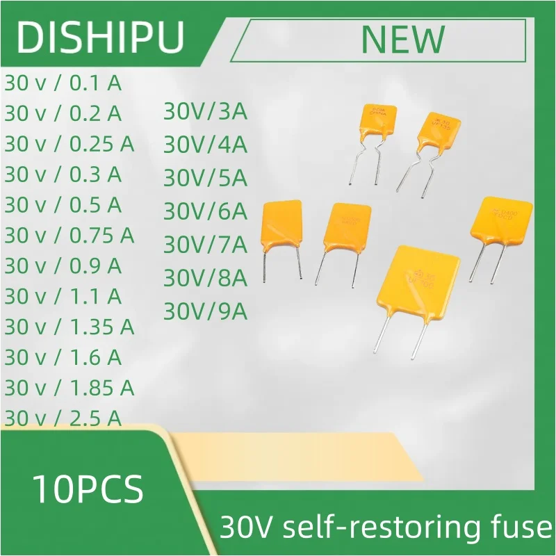 10PCS 30V self-restoring fuse,PPTC,DIP 30V/0.1A 0.2A 0.25A 0.3A 0.5A 0.75A 0.9A 1.1A 1.35A 1.5A 1.6A 1.85A 3A 4A 5A 6A 7A 8A 9A