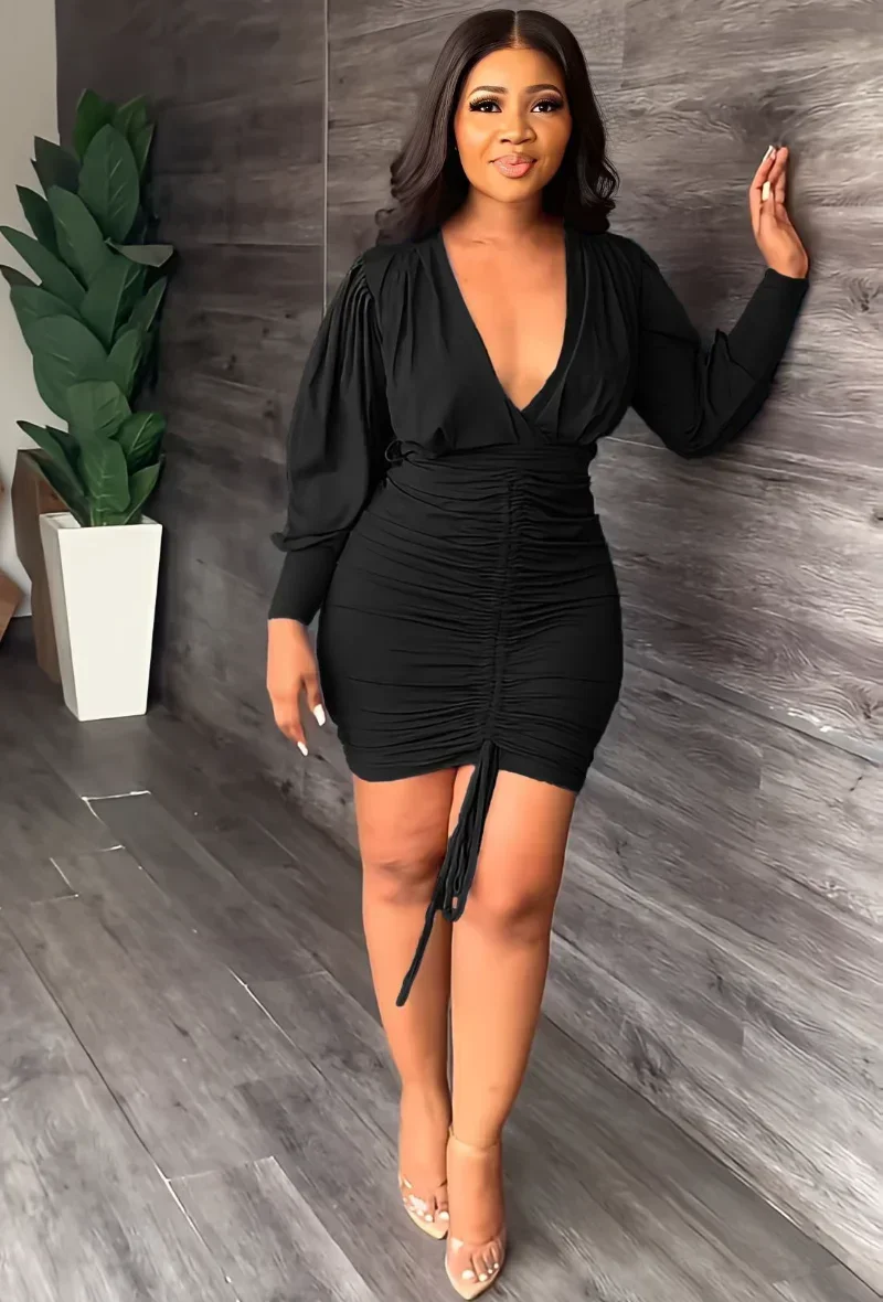 GUWU Lente Lange Mouw Trekkoord Ruches Wrap Mini Jurk Vrouwen Sexy Diepe V-hals Bodycon Bandage Clubwear Feestjurk