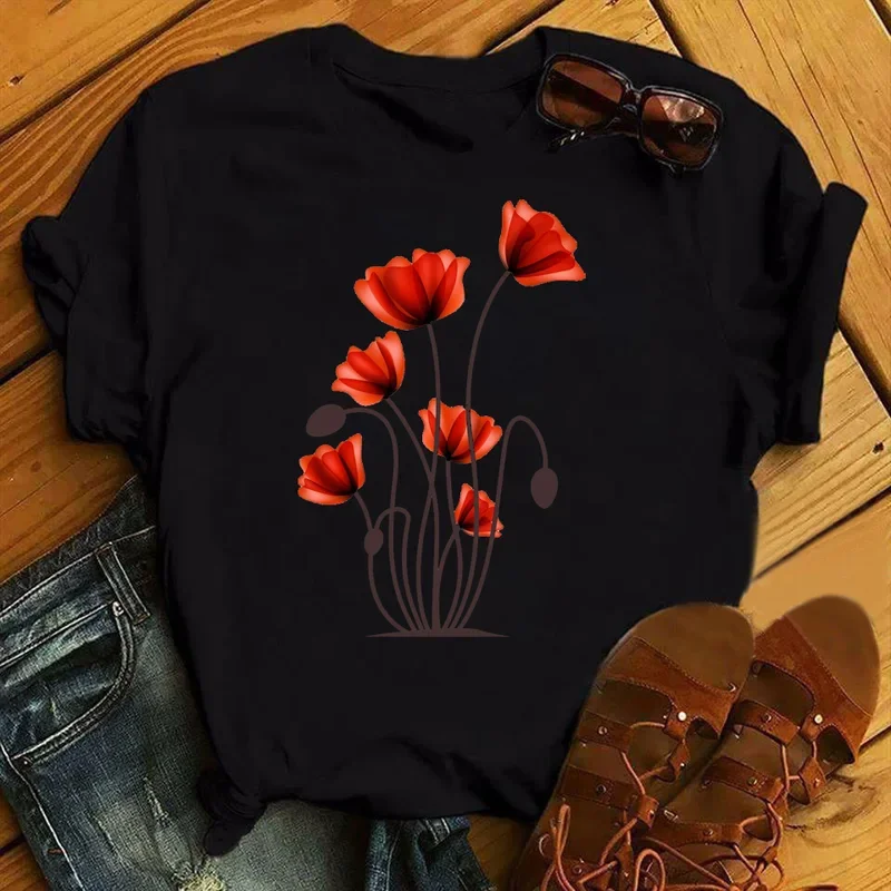 Maycaur red poppy fashion women T shirts 90s ulzzang floral flower print T-shirts aesthetic female T-shirts for women drop shirt