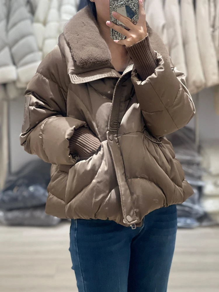 Chaqueta de plumas de ganso con cuello de piel de visón auténtica Natural, Parkas cortas de lujo, ropa de mujer 2024