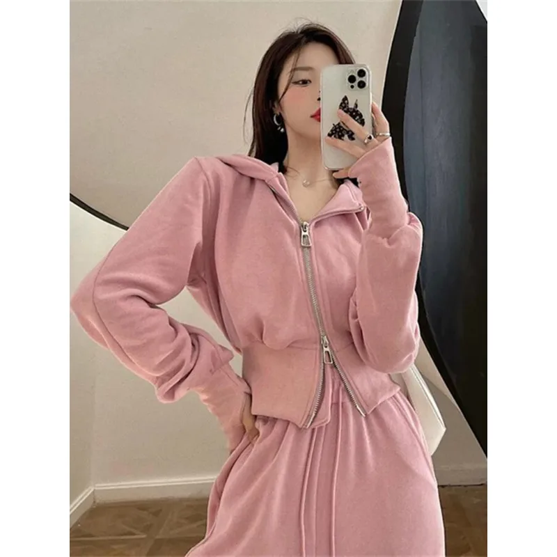 Casual Hooded Sweatshirts Tracksuit Women Coat Double Zip Up Crop Top Drawstring Waist Sweatpant Harem Pants 2 Piece Sets N441