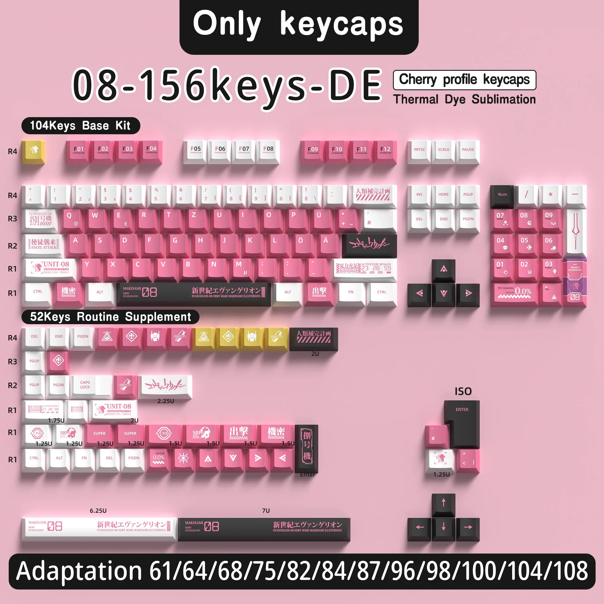 Imagem -02 - Kyomot-teclado Alemão Keycaps 156 Teclas de Anime Bonito Pbt Sub Dye Cherry de Perfil Keycap Layout Iso para Cap Teclado Mecânico