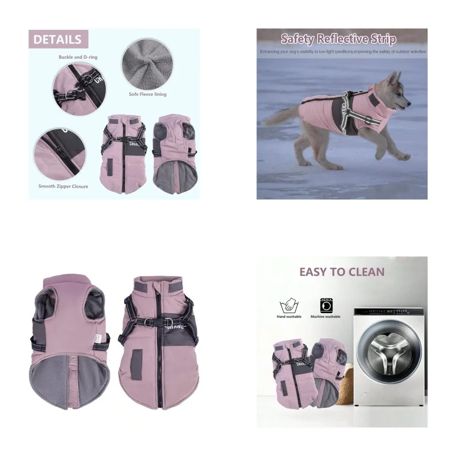 【Nuevo estilo】Abrigo para perro con arnés incorporado, chaqueta impermeable para perro, chaleco con arnés para mascotas con forro polar, ropa para cachorros pequeños Refl