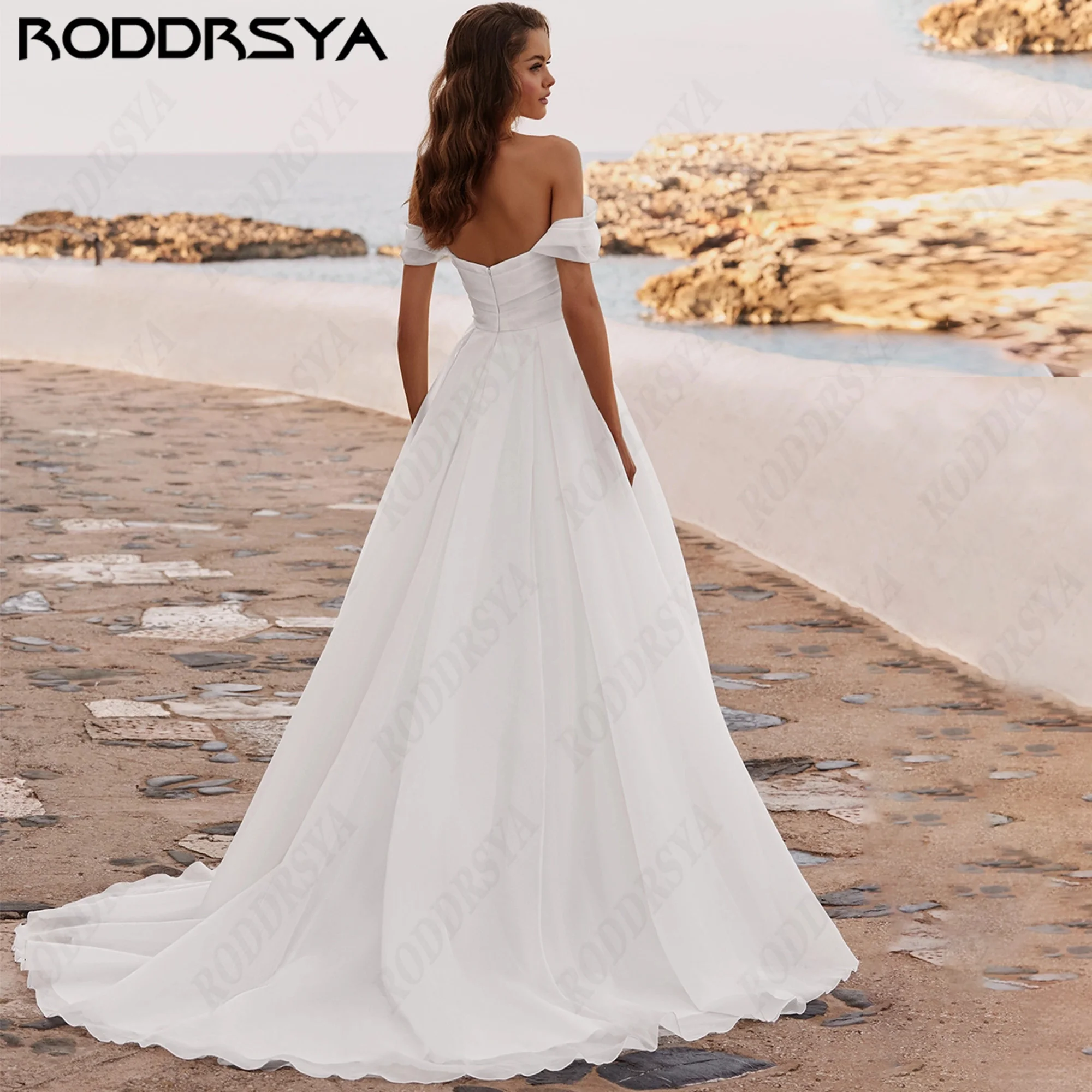 RODDRSYA Custom Made Off-Shoulder Sweetheart Organza A-Line Wedding Dress Backless Train Beach Bridal Gown Seaside Bride Dress