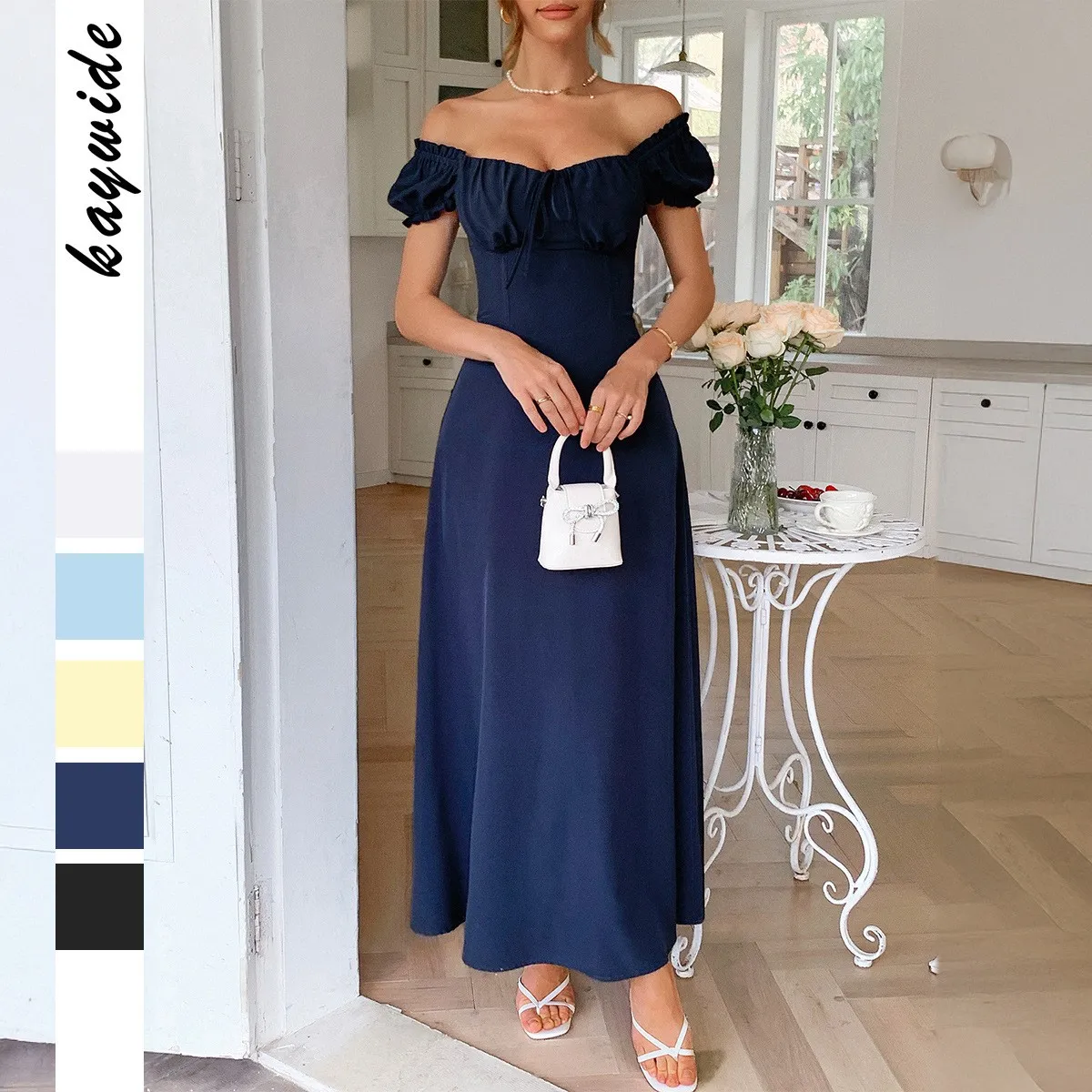 A Line Dress Ruched Square Neck Long Dresses Puff Sleeve Off Shoulder Evening Dress High Waist Floor Length Maxi Dress Navy