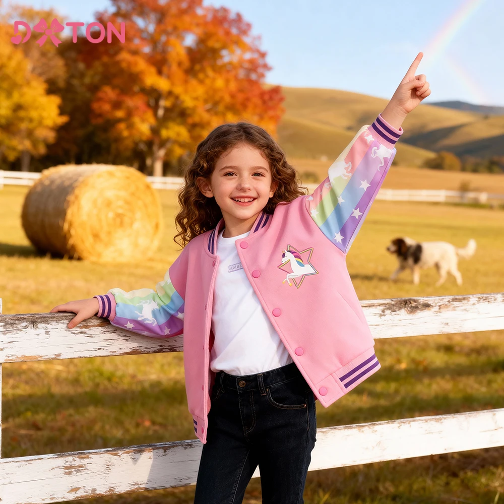 

DXTON Girls Baseball Jackets Unicorn Children Sports Outerwear Coat Kids Casual Clothes Cardigan Winter Toddler Warm Jackets
