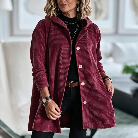Corduroy Hooded Jacket With Pockets Casual Button Mid-length Long Sleeve Jackets Coats For Women Fall And Winter Wear Commute Work
