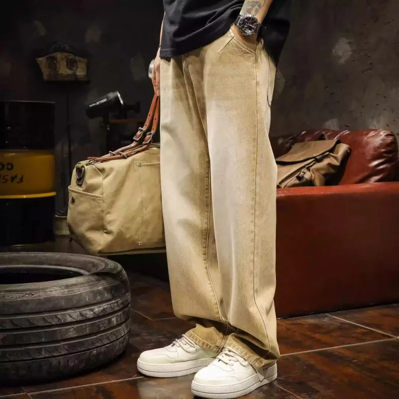 

American retro yellow clay men's jeans trend new wash loose wide leg pants spring and autumn straight leg casual long pants