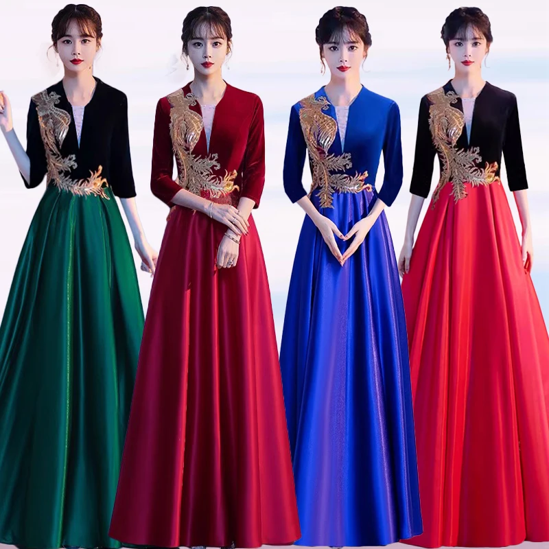 DLH-75#Back Zipper Chorus Performance Costume Women's Long Dress Adult Poetry Competition Performance Costume Evening Dress Girl