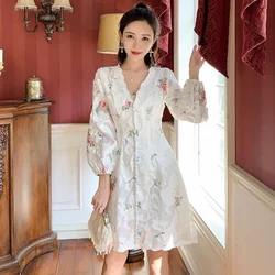 New Fashion 2024 Women Voile Summer Dress V-neck Lantern Sleeve Floral Embroidery White Dress Lace Hollow Out Elegant Mini Dress