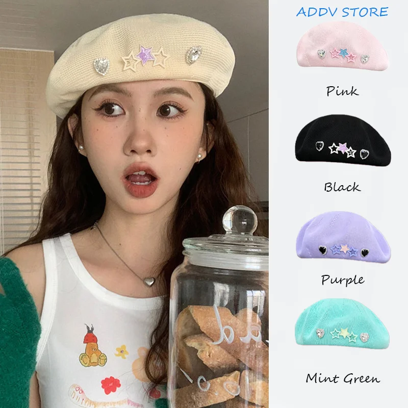 Y2K Sweet Girl Design Star Rhinestone Beret Hater Summer Japanese Breathable Painter Hat Soft Girl Cute Pentagram Pin Berets