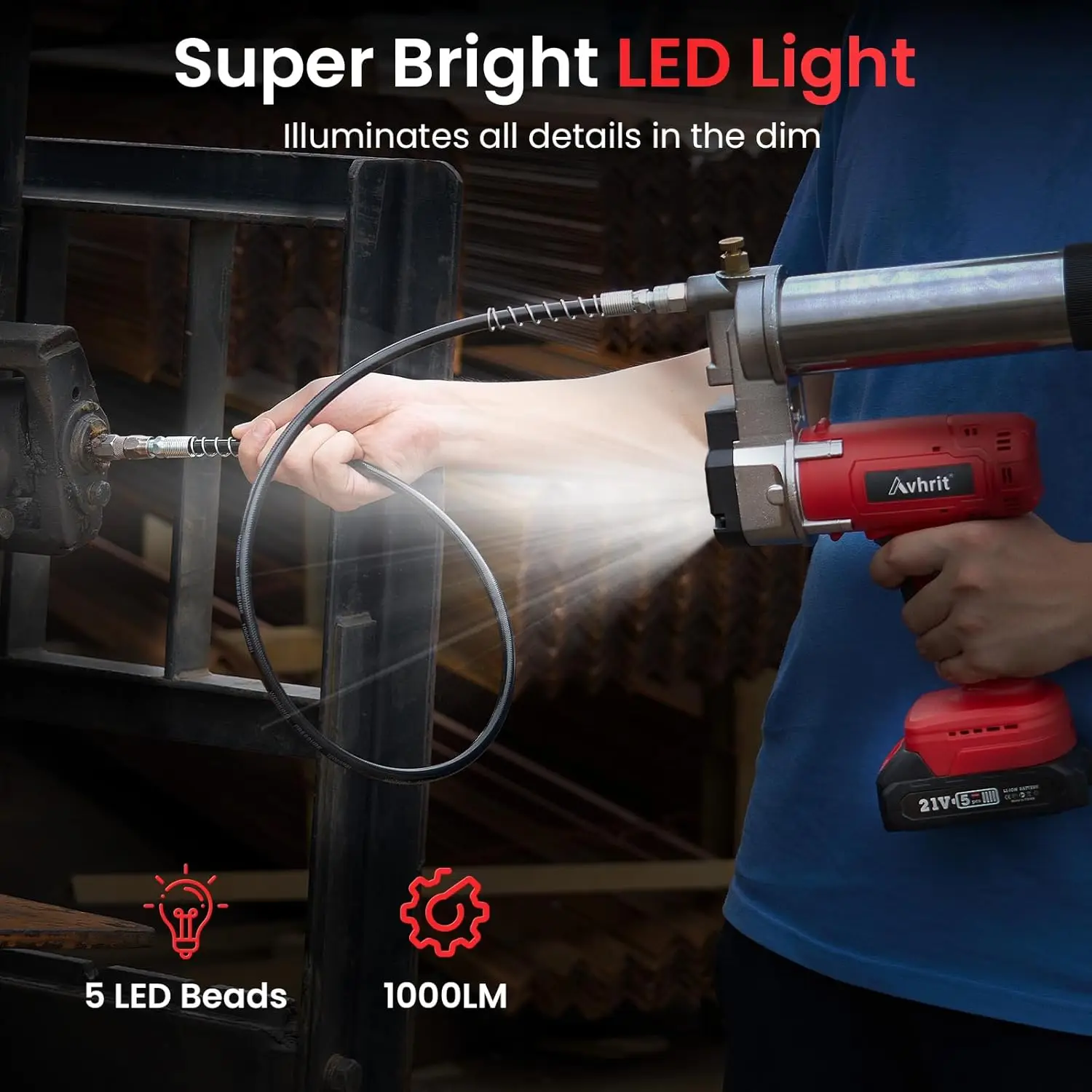 ปืนอัดจารบี [พร้อมไฟ LED Super Bright] ปืนอัดจาระบีแบตเตอรี่ขับเคลื่อนปืนอัดจารบีไฟฟ้า 10000PSI ประสิทธิภาพสูงพร้อมแบตเตอรี่ 2 ก้อนและ C