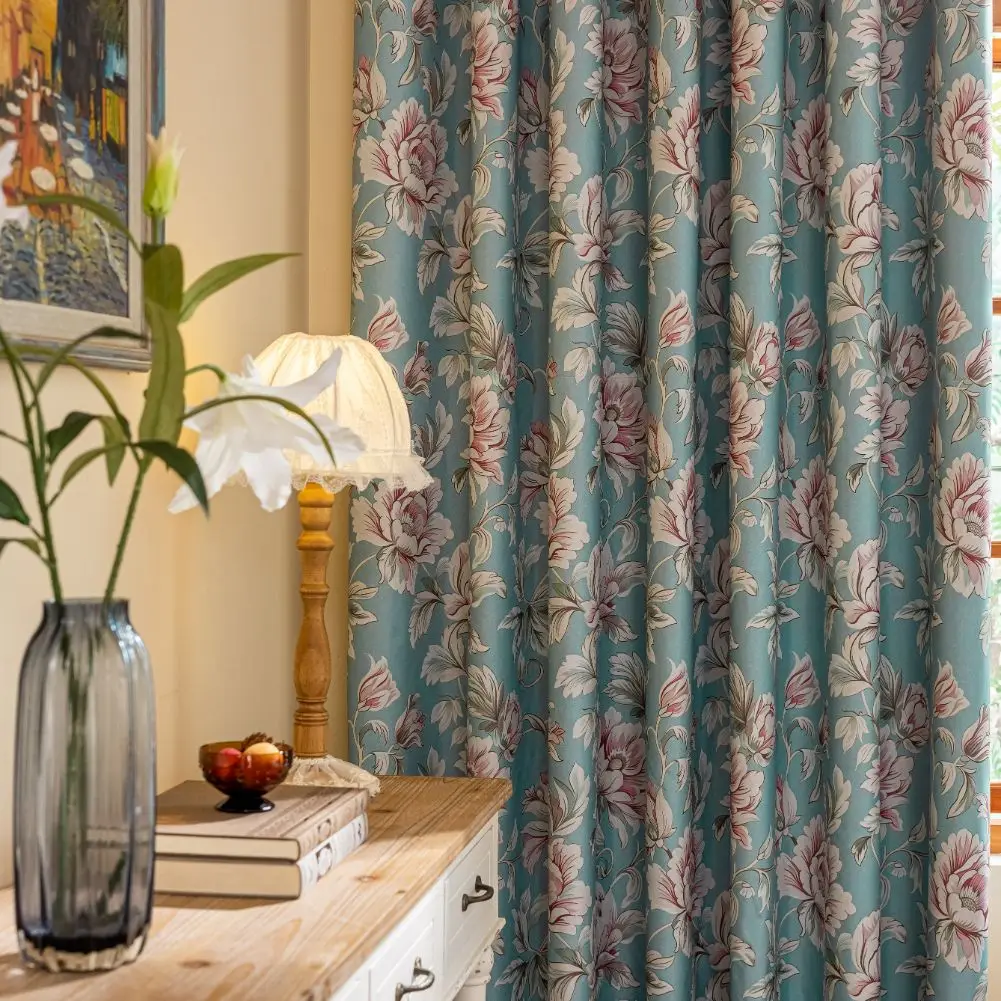 1 قطعة الستائر الرجعية لغرفة النوم غرفة المعيشة 100% التعتيم البلد الأمريكي نمط الستائر الأزرق خلفية الوردي زهرة ديكور المنزل