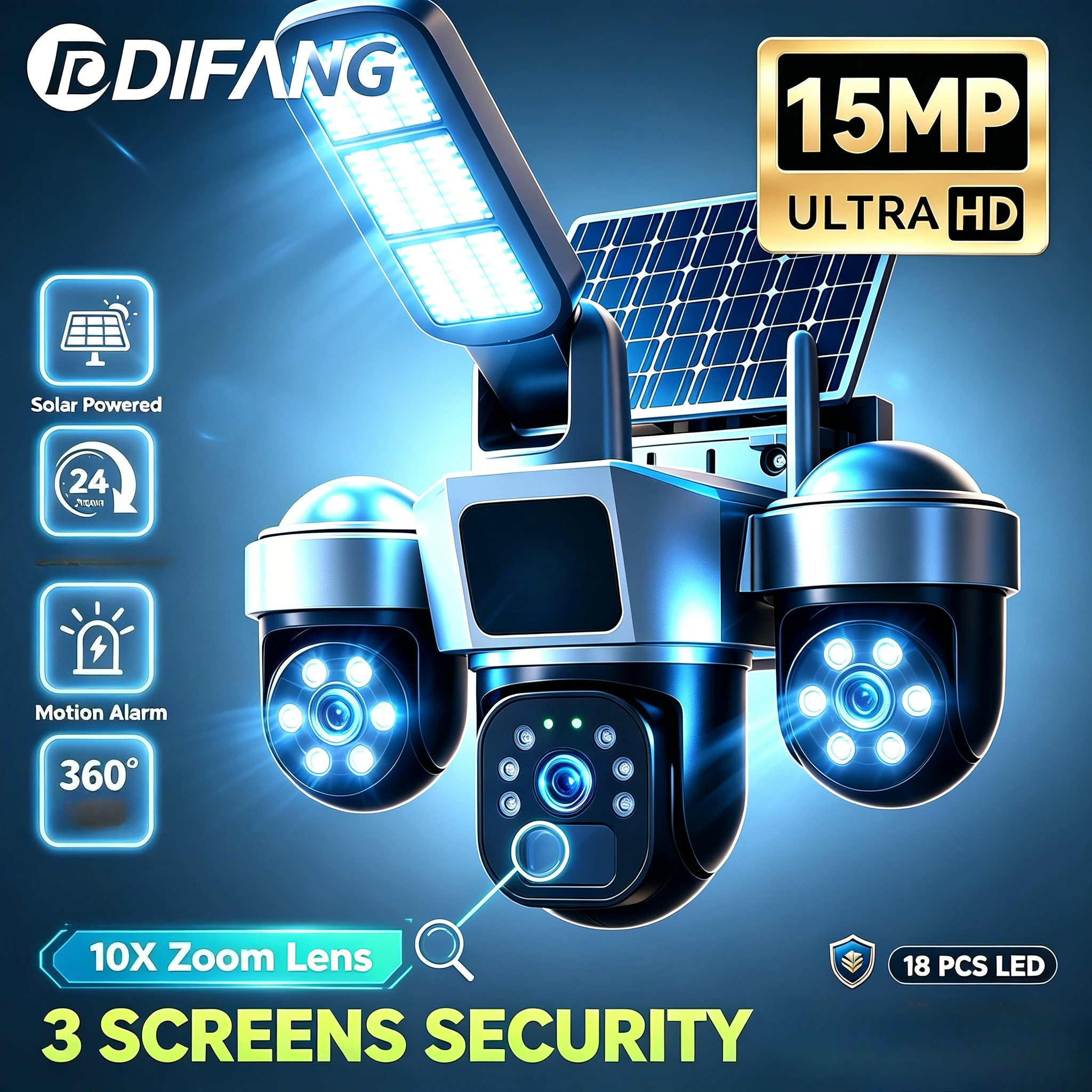 New WIFI Solar Camera 3 Lens 3 Screen 10X Optical Zoom Outdoor PTZ PIR Human Detection 4G Sim Card Security Cameras  CCTV V380