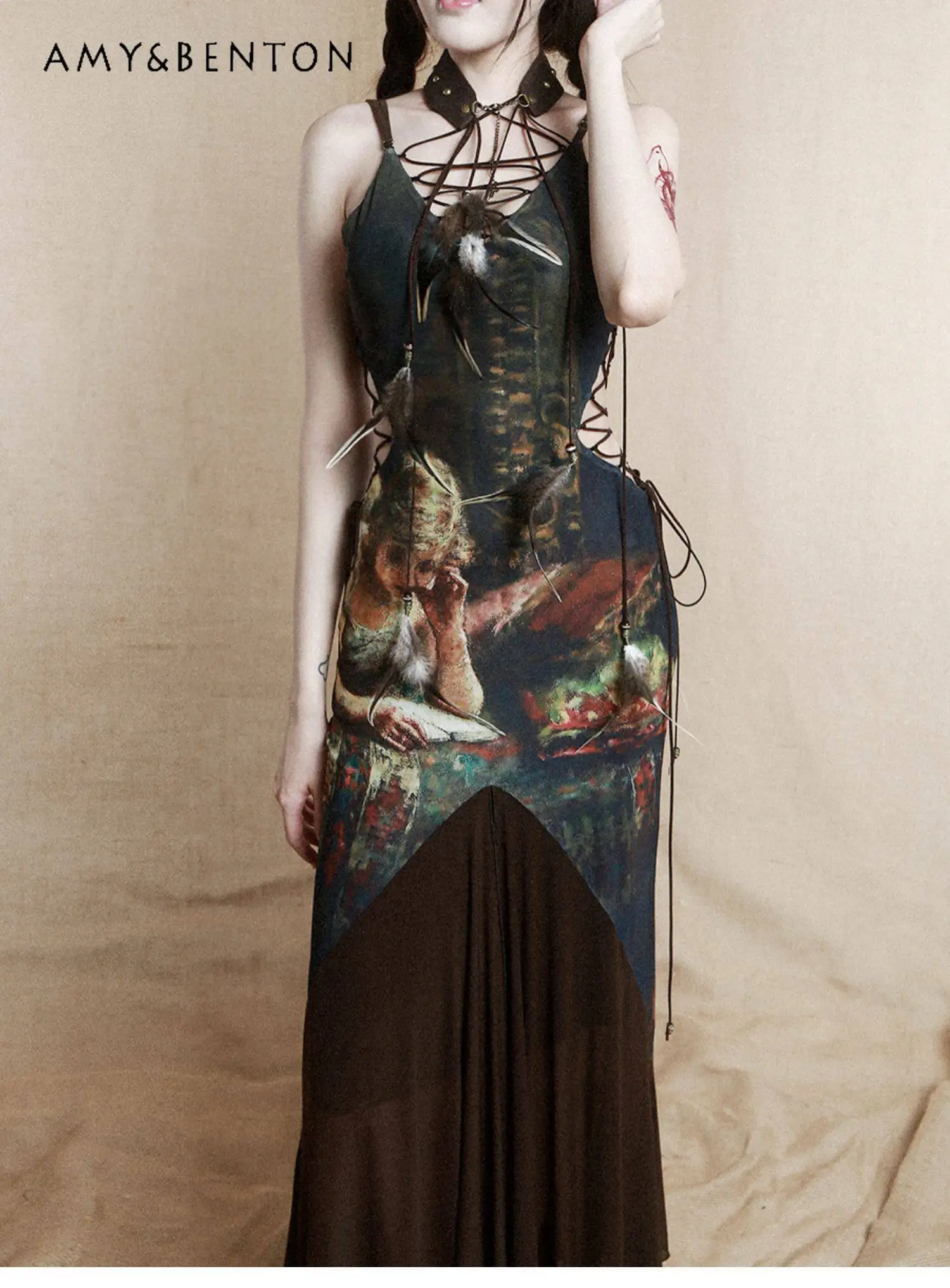 

Summer 2026 New Retro European Oil Painting Style Cross Strap Hollow Slim Long Character Printing V Neck Dark Coffee Dress