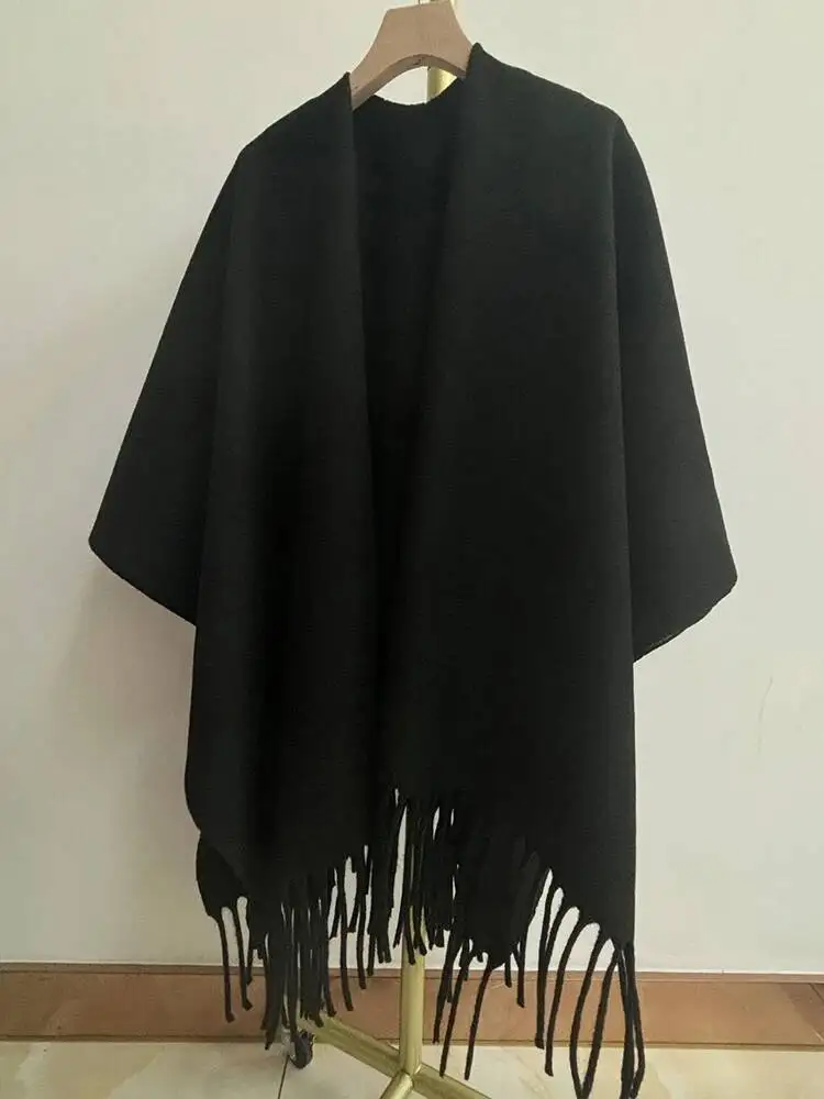 

Simple Fashion Pure Color Like Cashmere Cape Long Versatile Women Autumn Winter Split Shawl With Tassels Wraps Cardigan