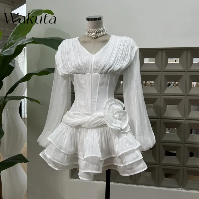 

WAKUTA Solid Spliced Appliques Tunic Short Dress for Women V Neck Long Sleeve High Waist Temperament Dress Female Fashion Style