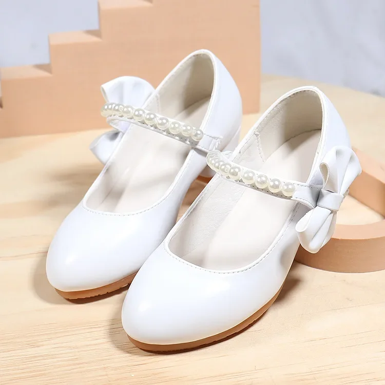 Children\'s Shoes Pearl White Girls Leather Shoes White Bowknot Spring Autumn Kids High Heels Princess Students Performance Shoes