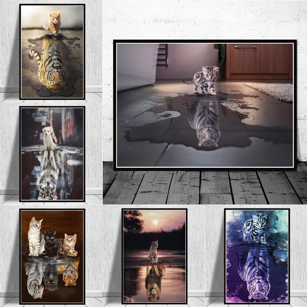 Modern Decor Tiger and Cat Oppositions Dream Poster Innocence and Mystery Imagine Animal Canvas Painting for Living Room Bedroom