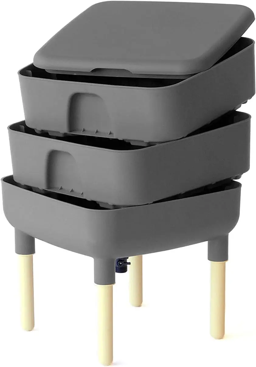 2-Tray Worm Composter Bin for Indoor Use, Grey - Efficient Vermicomposting System with Moisture Control