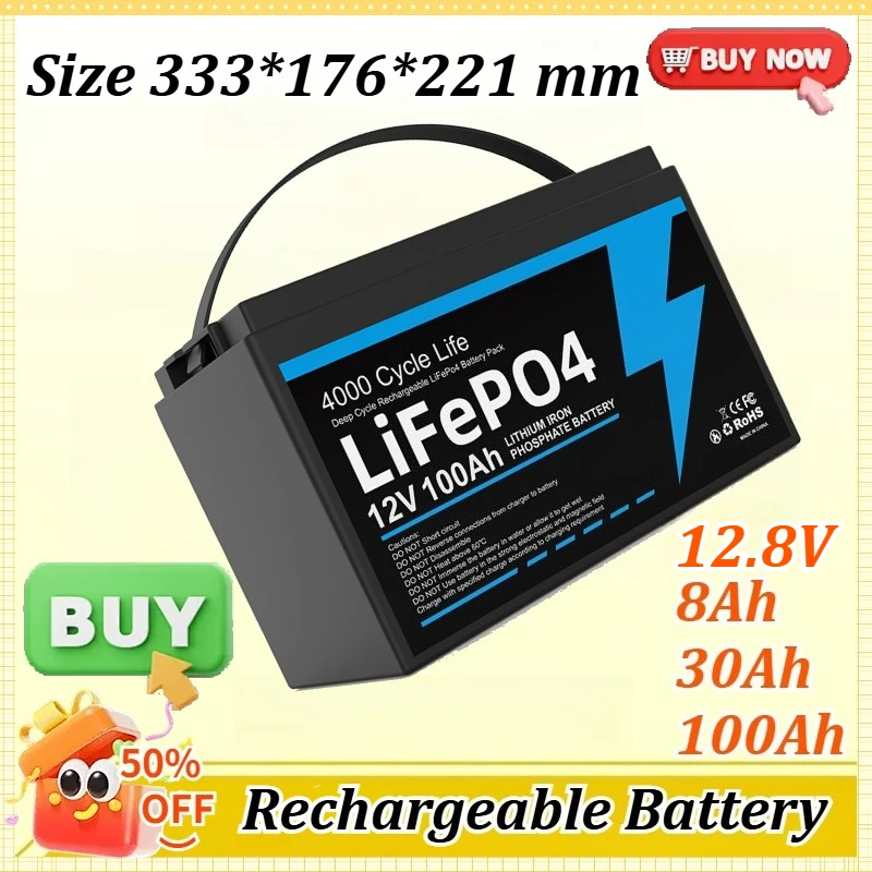 

12.8V 8/30/100Ah LiFePO4 Battery for RV/Camping-Deep-Cycle Outdoor standby Backup Power-High-Capacity Long-Life Lithium Battery