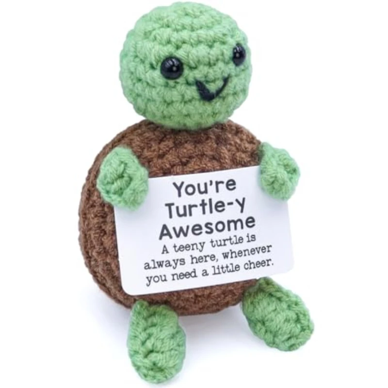 Positive Crochet Turtle with Motivational Card - Handmade Mini Emotional Support Sea Turtle Gift, Cute Knitted Wool Doll