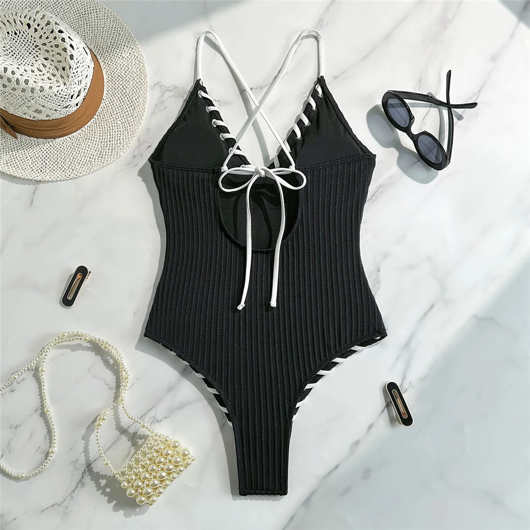 5 Farben, V-Ausschnitt, gerippter, kreuzförmiger Rücken, einteiliger Badeanzug, Damen-Badebekleidung, hoch geschnittene Monokini-Badehose, Badeanzug, Badebekleidung, V6278 – Detail 36