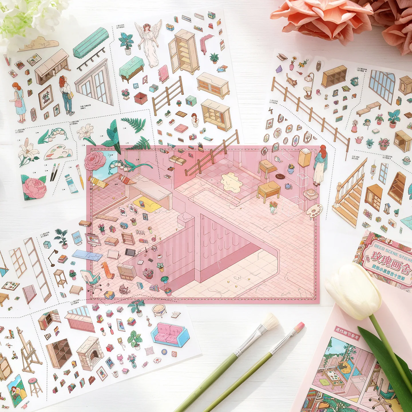 Pink Double-Story Art Studio Miniature Scene Stickers Set, DIY Create Your Own Dollhouse Room Diorama Stickers, Artist Workshop