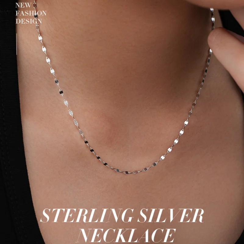 S925 Sterling Silver Lip Link Chain Shimmering Sequin Unisex Fashion Jewelry