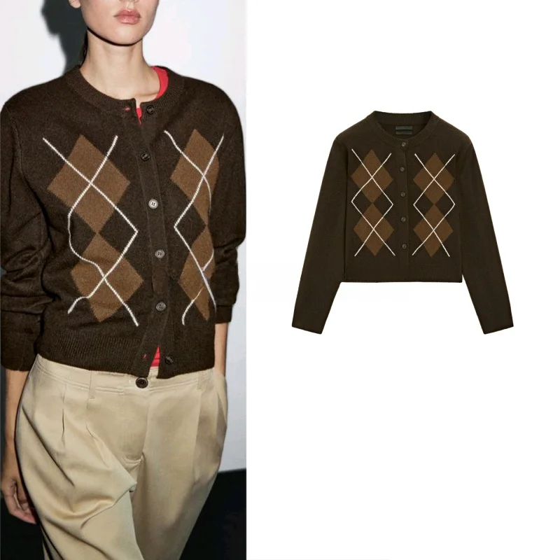 

Autumn Women's Knitted Wool Blend round Ne Open Front Sweater Diamond id Pattern Retro Sle Polyester Fiber Long Sve