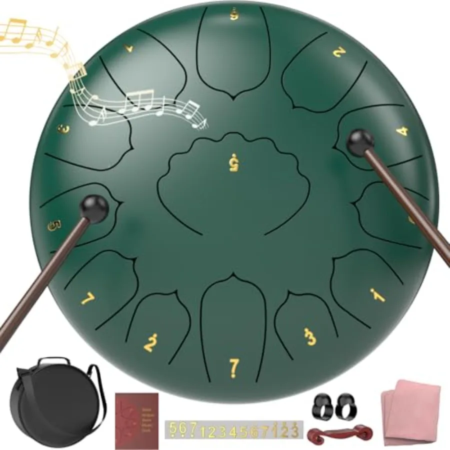 

D Major Steel Tongue Drum 12 Inch 13 Note Large Rain Drum for Outdoor Garden Meditation Green Musical Percussion Instrument wit