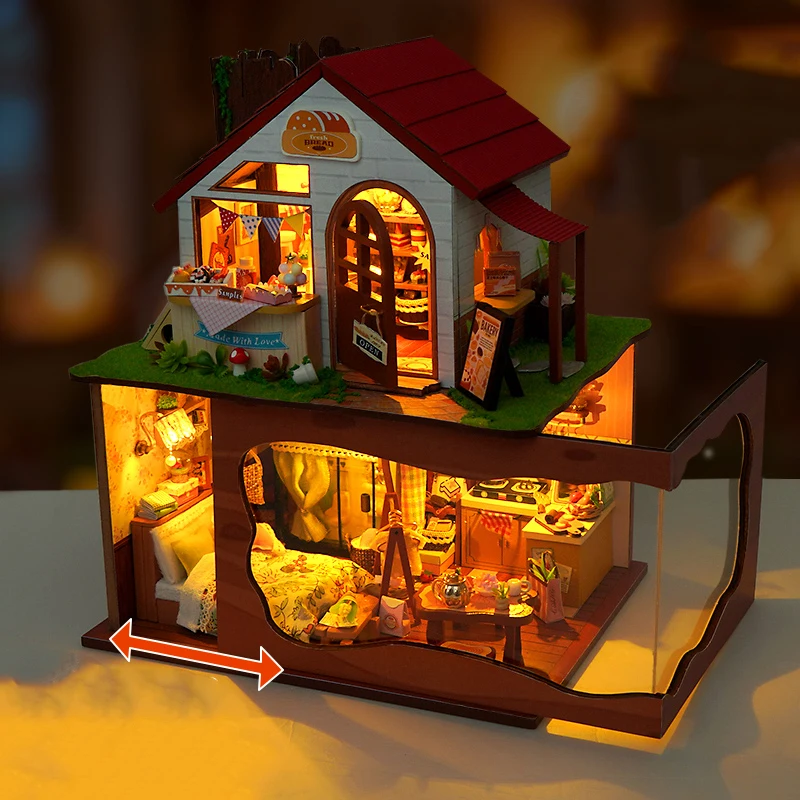 DIY Bakery Store Casa Houten Miniatuur Model Kit 3D Puzzel Poppenhuizen Met Meubels Poppenhuis voor Vrienden Verjaardagscadeaus