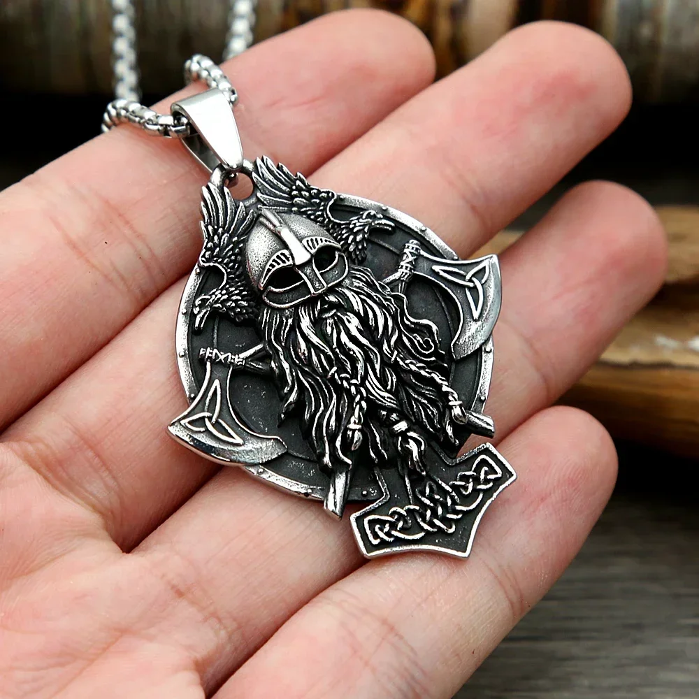 Nordic Warrior Pendant For Men Stainless Steel Celtic Knot Necklace Double Axe Odin Raven Amulet Jewelry Gifts Dropshipping