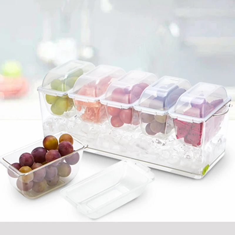 

5 Compartment Fruit Storage Box with Lid Ice Cooled Condiment Seasoning Dispenser Tray Plastic Snacks Holder for Kitchen