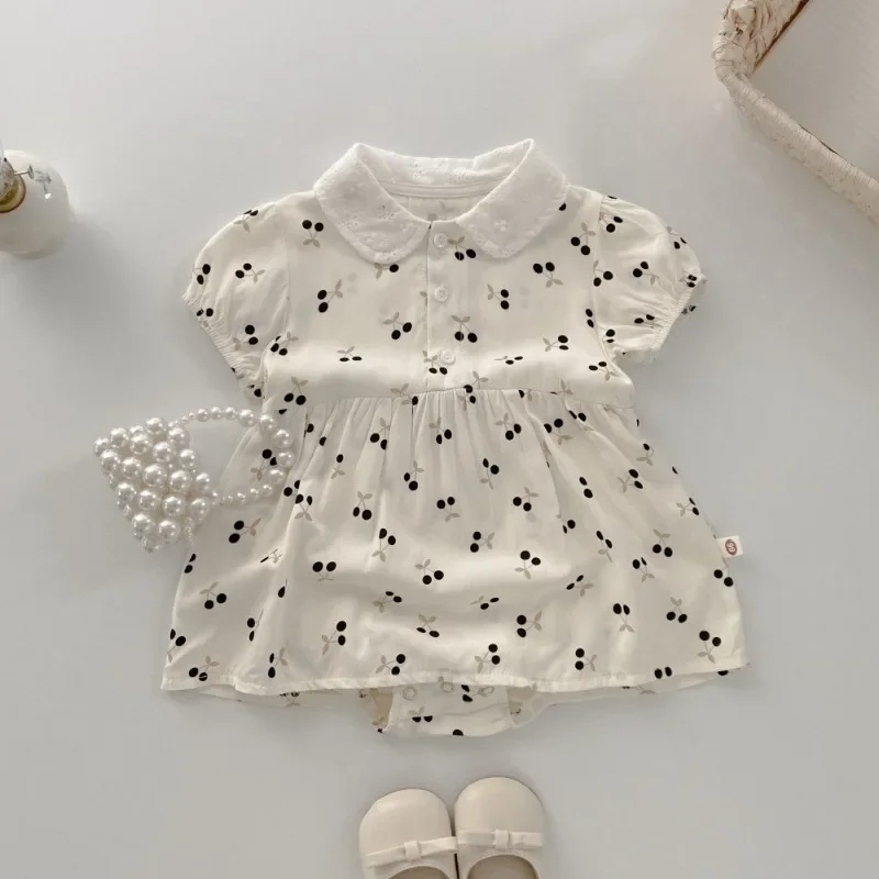 Summer Newborn Baby Girl Clothes Cute Cherry Lace Short-sleeved Skirt and Triangle Wrap Kawaii Rompers 95% Cotton