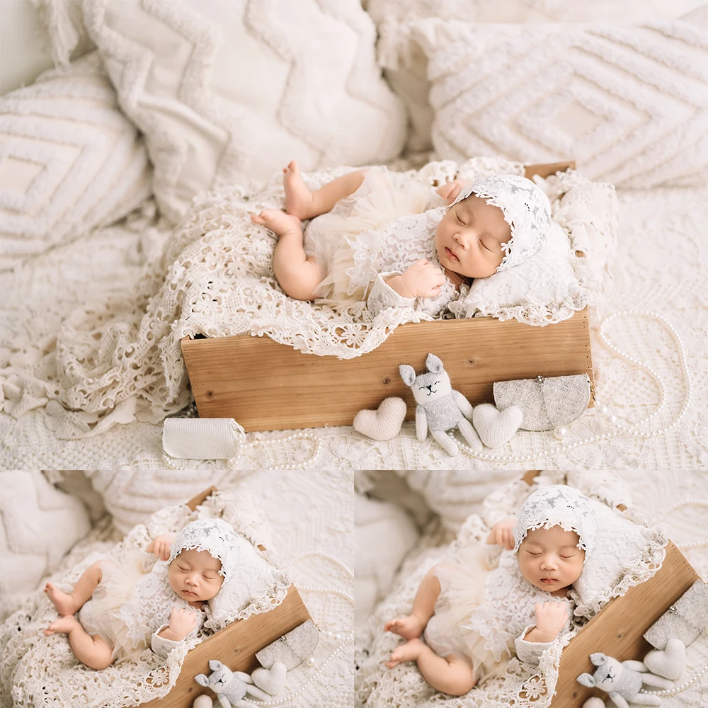 

Newborn Girls Clothes Lace Baby Jumpsuit Hat Photography Outfit Rabbit Doll Love Decorative Props Studio Photoshoot Lace Blanket