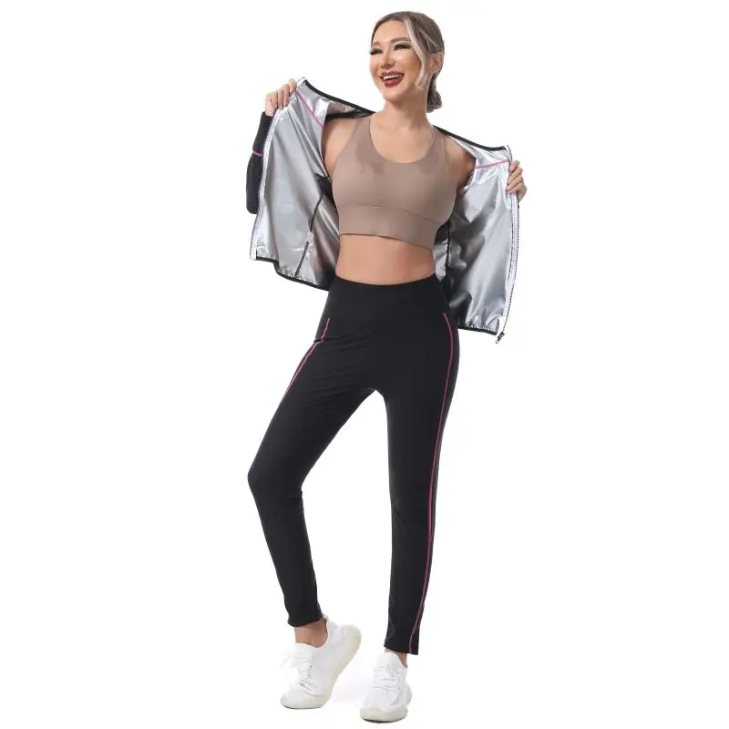 

Women's Sauna Suit Running Fitness Sweating Breast Enlargement Slimming Shaping Clothes Zipper Hot Sweat Training Set