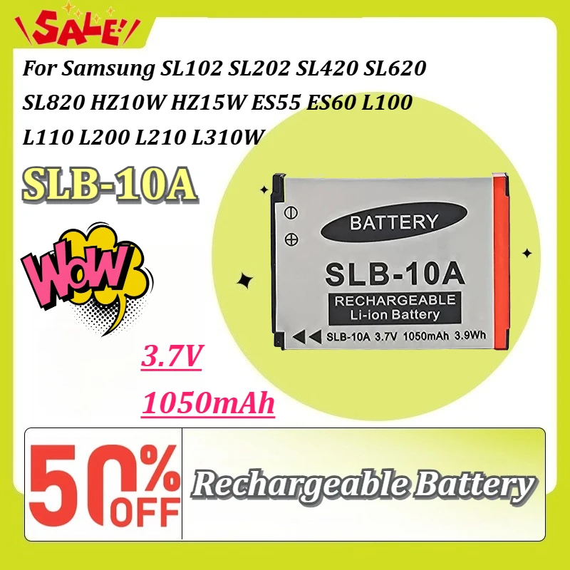 SLB‑10A 3.7V 1050mAh Camera Battery for Samsung SL102 SL202 SL420 SL620 SL820 HZ10W HZ15W ES55 ES60 L100 L110 L200 L210 L310W
