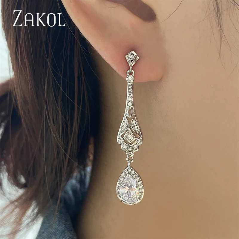 ZAKOL Fashion Top Quality Zirconia Crystal Long Drop Earrings Vintage Teardrop Bridal Party Wedding Jewelry for Women FSEP2171